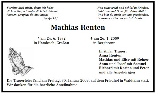 Renten Mathias 1932-2009 Todesanzeige